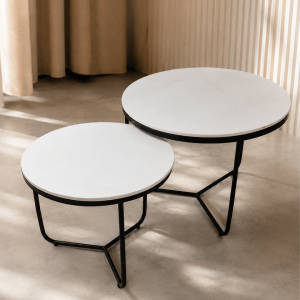 Round White Top Nesting Coffee Tables with Black Tripod Metal Legs (Set of 2)