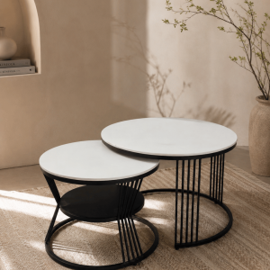 Round White Top Nesting Coffee Tables with Black Spindle Legs & Shelf (Set of 2)