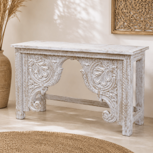 Vintage Distressed White Hand-Carved Wood Console Table