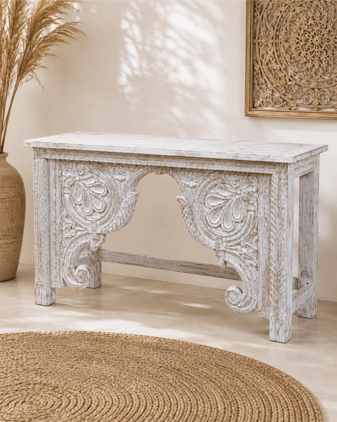 Vintage Distressed White Hand-Carved Wood Console Table