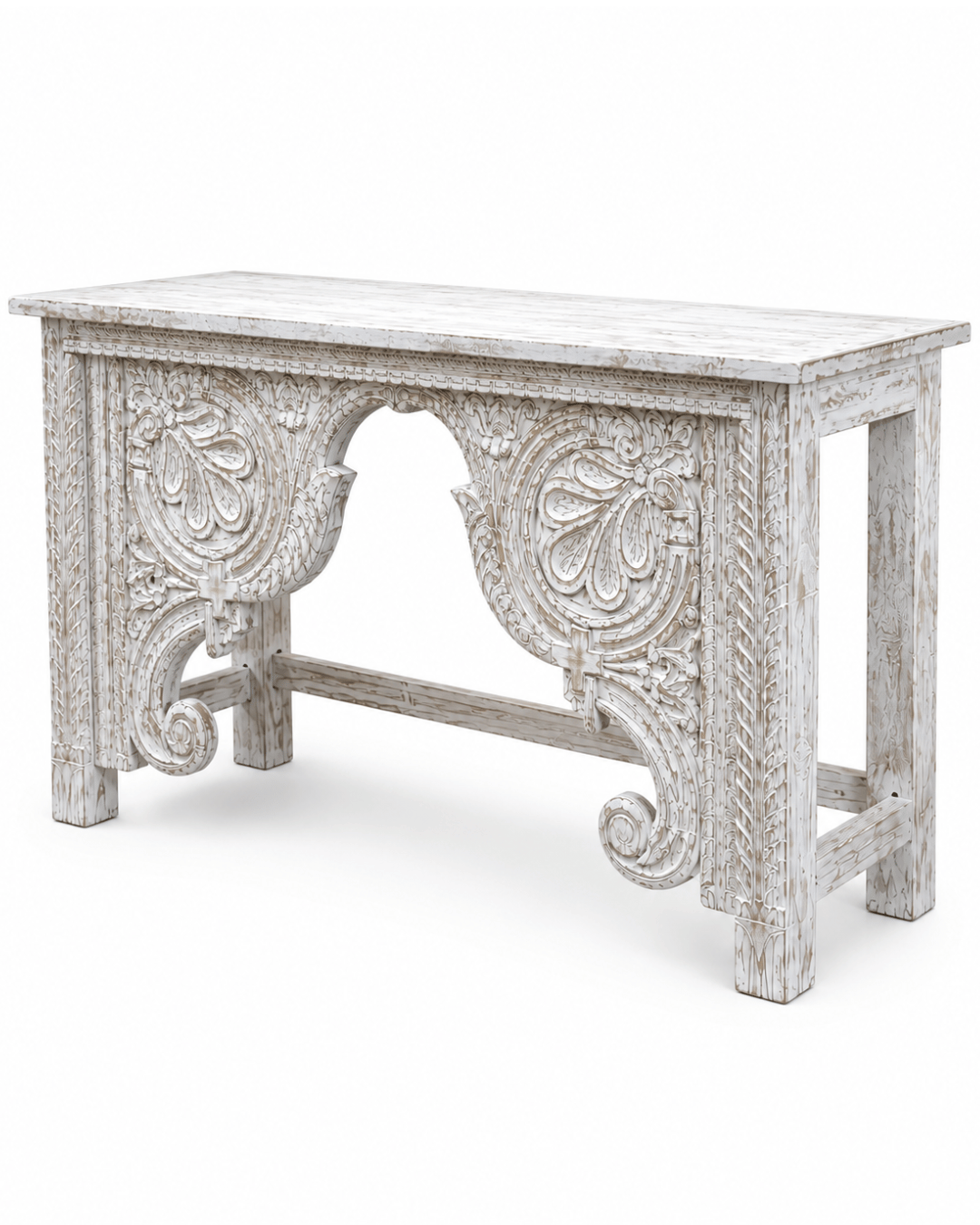 Vintage Distressed White Hand-Carved Wood Console Table - Image 2