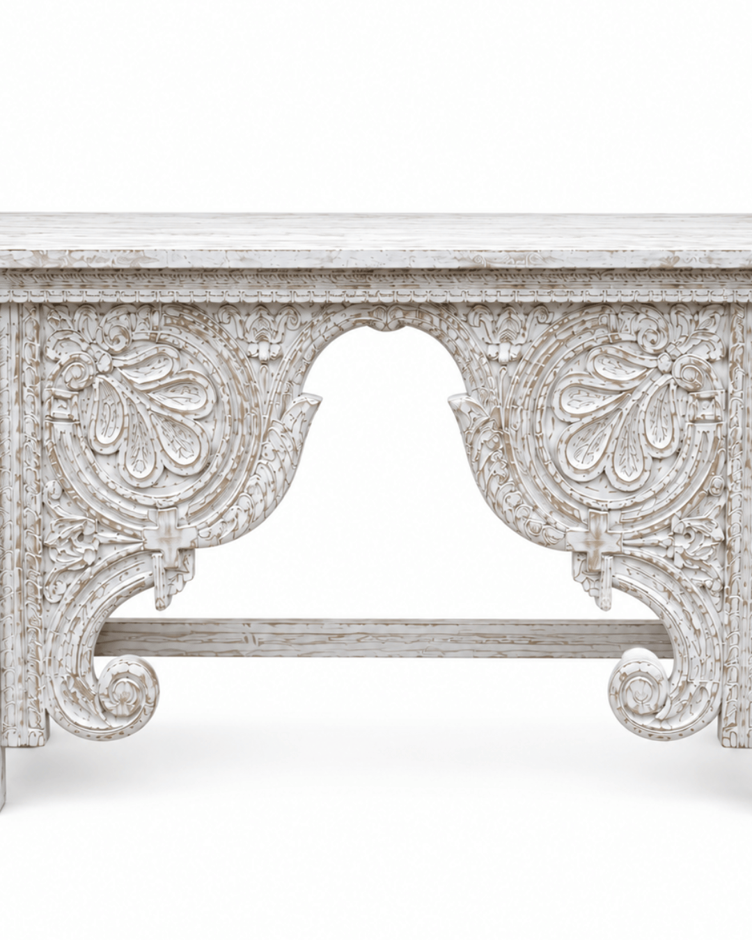 Vintage Distressed White Hand-Carved Wood Console Table - Image 3