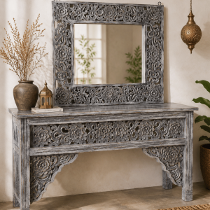 Hand-Carved Grey-Wash Wood Console Table with Matching Floral Mirror
