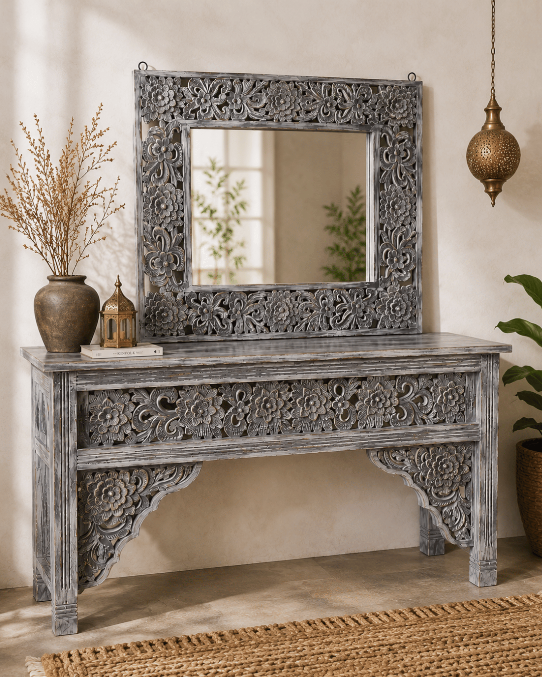 Hand-Carved Grey-Wash Wood Console Table with Matching Floral Mirror