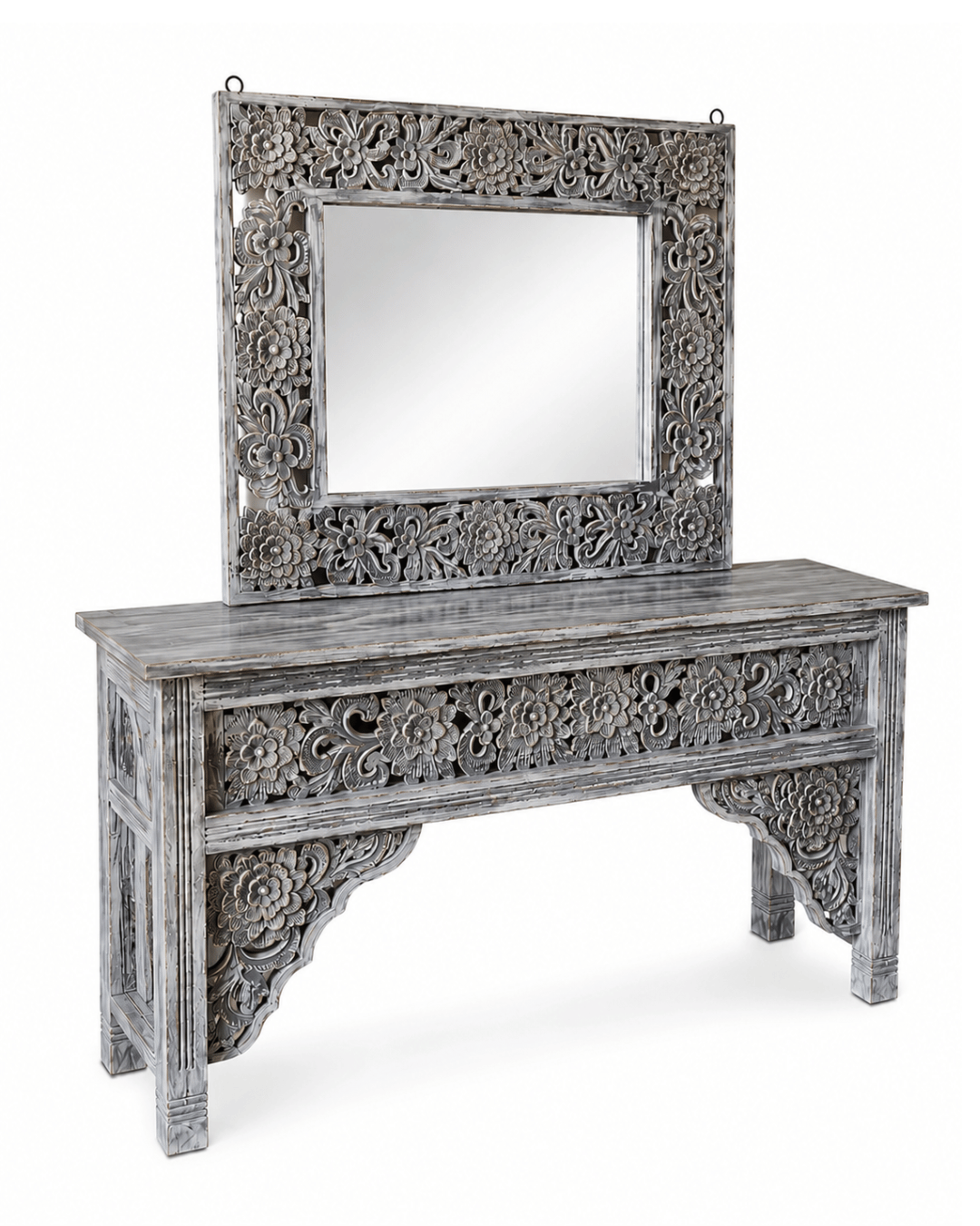 Hand-Carved Grey-Wash Wood Console Table with Matching Floral Mirror - Image 2