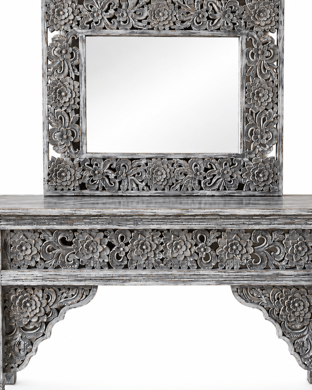 Hand-Carved Grey-Wash Wood Console Table with Matching Floral Mirror - Image 3