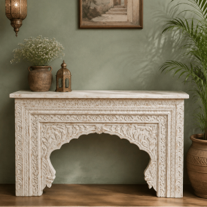 Antique White Hand-Carved Wood Console Table with Arched Mantel-Style Apron