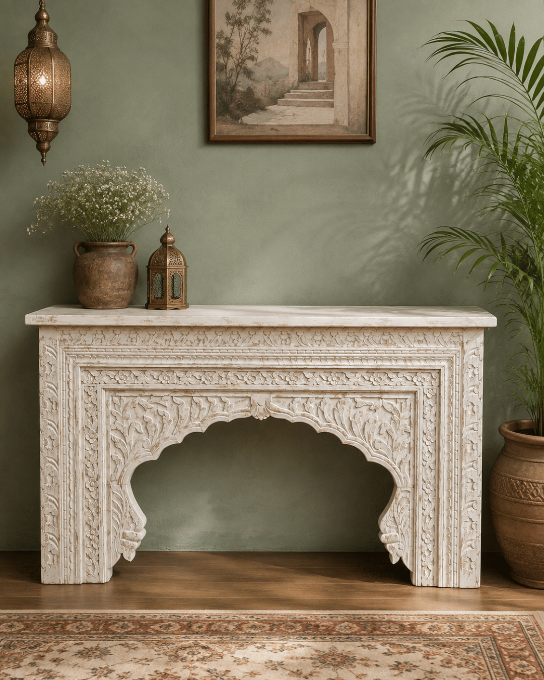 Antique White Hand-Carved Wood Console Table with Arched Mantel-Style Apron