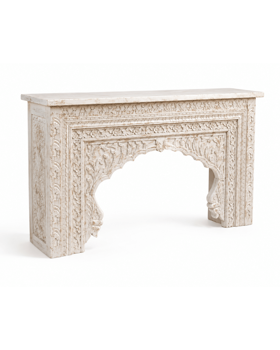 Antique White Hand-Carved Wood Console Table with Arched Mantel-Style Apron - Image 2