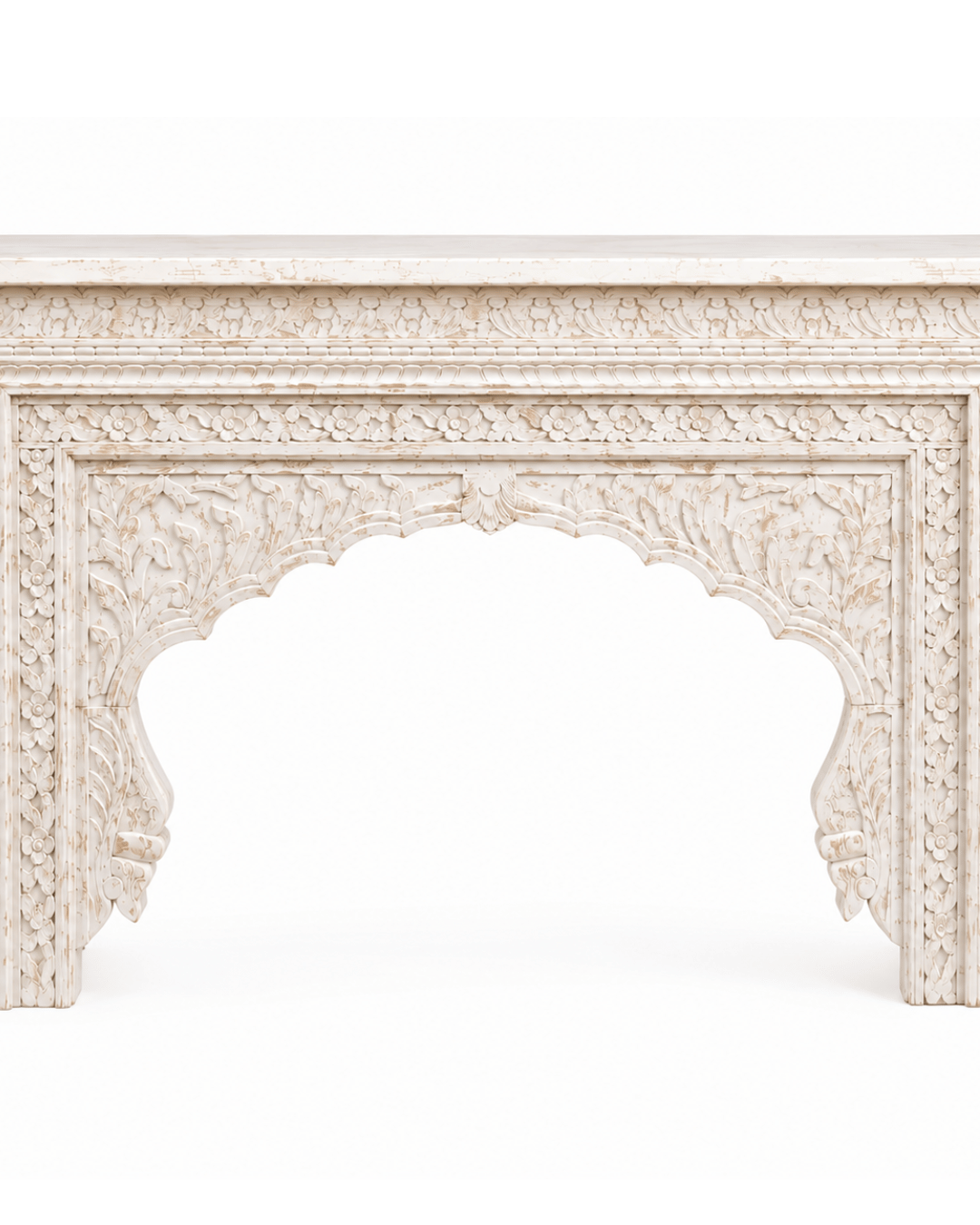 Antique White Hand-Carved Wood Console Table with Arched Mantel-Style Apron - Image 3