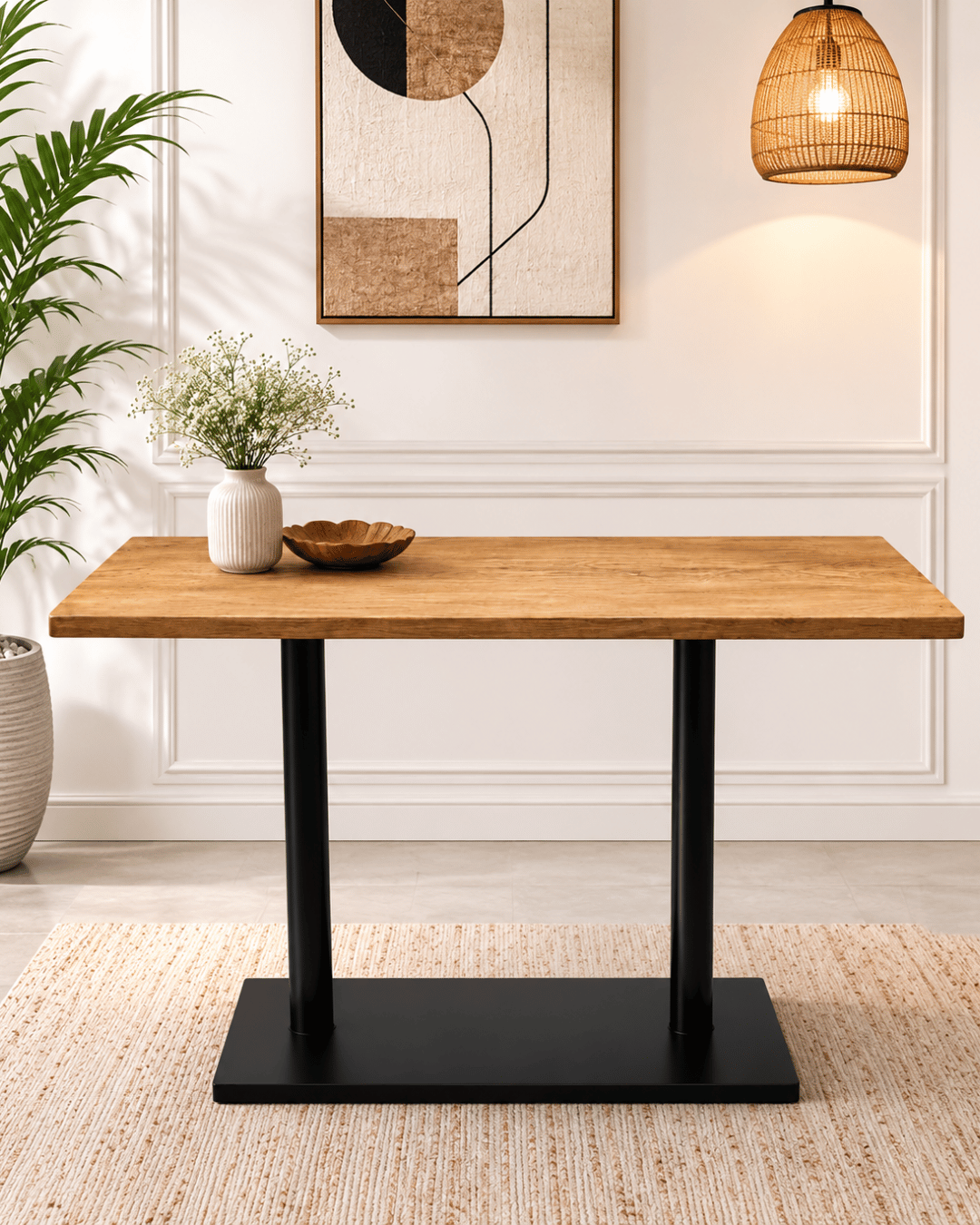 Rectangular Solid Wood Dining Table with Black Double-Pedestal Base