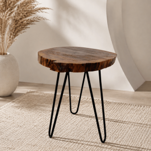 Live-Edge Round Wood Side Table with Black Hairpin Legs