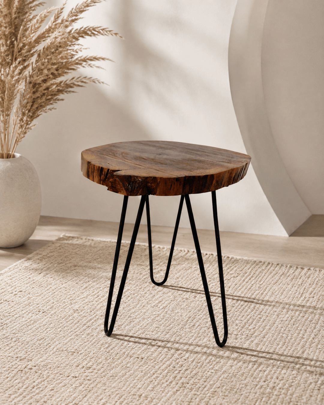 Live-Edge Round Wood Side Table with Black Hairpin Legs
