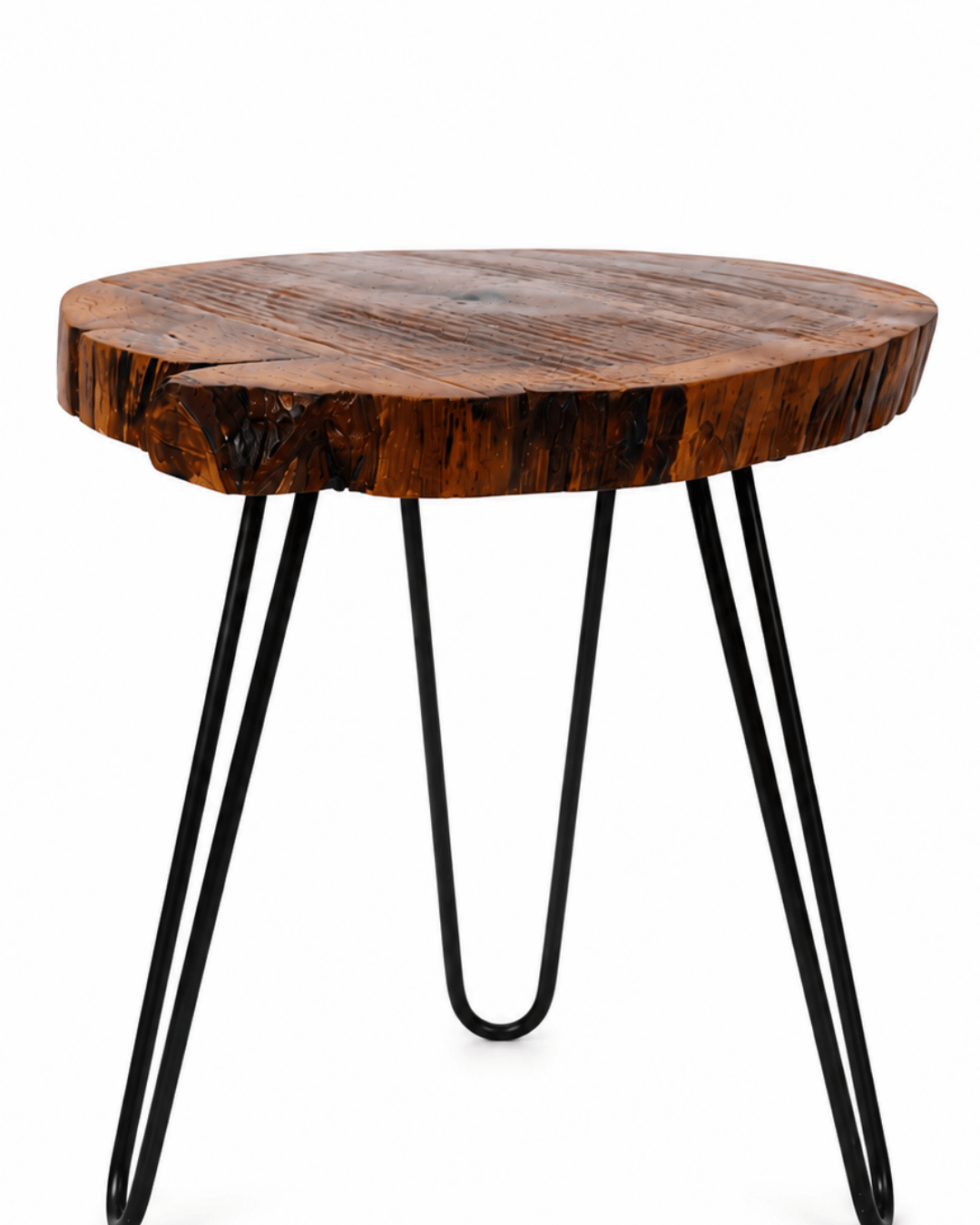 Live-Edge Round Wood Side Table with Black Hairpin Legs - Image 3